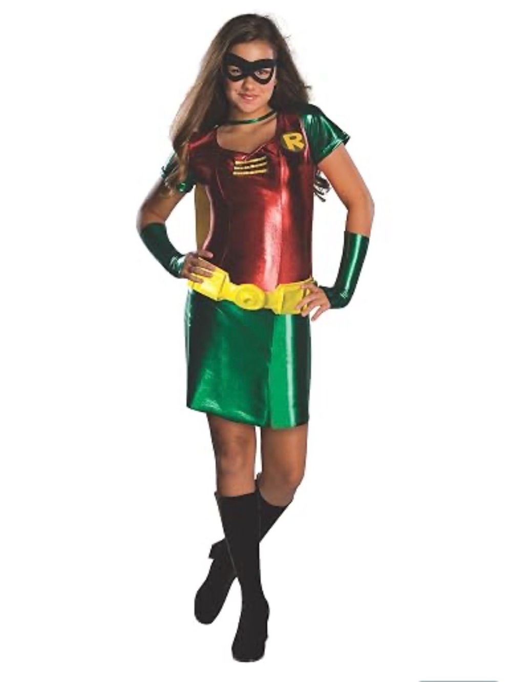 Girls Metallic Green & Red Superhero Costume with Yellow Belt